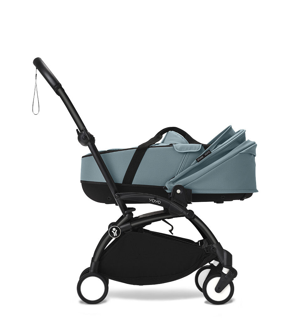 Stokke® YOYO3® Newborn Shell. Black Frame. Aqua. Canopy lowered. galery image 8